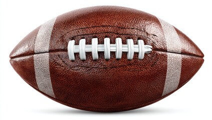 Fototapeta premium Close-up of a textured brown oval ball with white laces, on white
