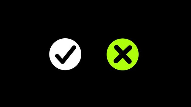 Animated pop-up green check mark and red cross X symbol on a transparent background. A checkmark in and out motion graphics animation. Video footage of yes or no, true or false with alpha channel