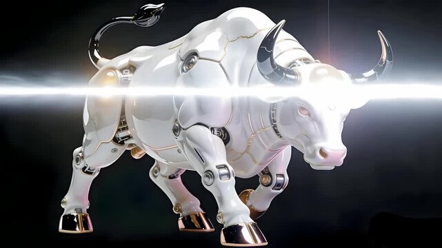 3D Mechanical Bull Sculpture - White Porcelain & Imperial Jade - Wall Street Financial Technology Video - Isolated on Seamless Black Void