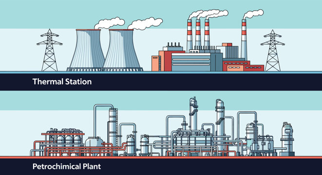 Comparison of thermal power station and petrochemical plant industrial facilities in stylized horizontal panels.
