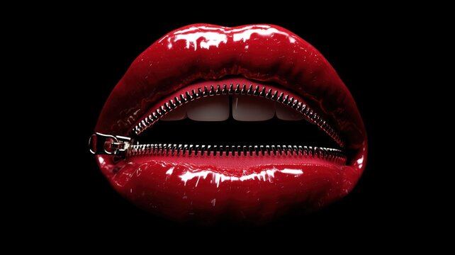 ジッパーで閉じられた赤い唇のクローズアップ。デジタルアートやデザイン素材に最適なイメージ。
