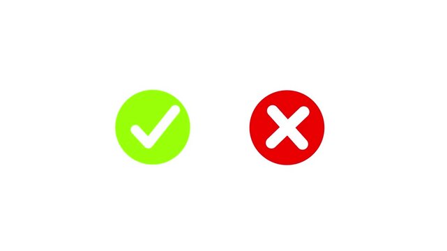 Animated pop-up green check mark and red cross X symbol on a transparent background. A checkmark in and out motion graphics animation. Video footage of yes or no, true or false with alpha channel