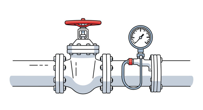 Industrial pipeline section with large red manual valve and pressure gauge meter on white background.