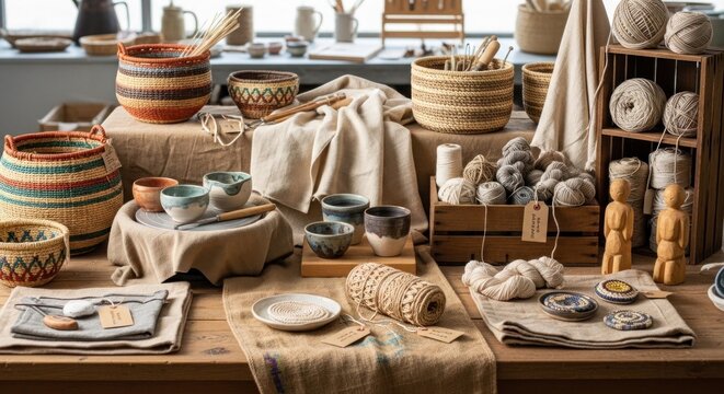 A variety of handmade crafts and textiles displayed on a table in a workshop setting.