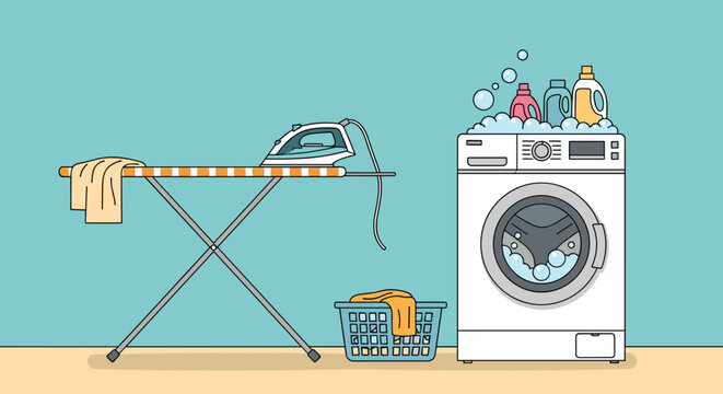 Household laundry scene featuring washing machine with detergent baskets and ironing board with iron.