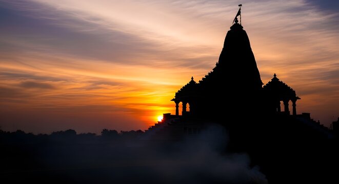 Silhouette of the Ram Mandir in Ayodhya during Sunset with Vibrant Sky and Cultural Significance