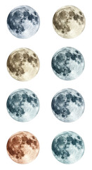 Obraz premium Set of eight watercolor illustrations of full moons in various colors including blue, gray, beige, and copper, featuring detailed lunar craters isolated on a white background.