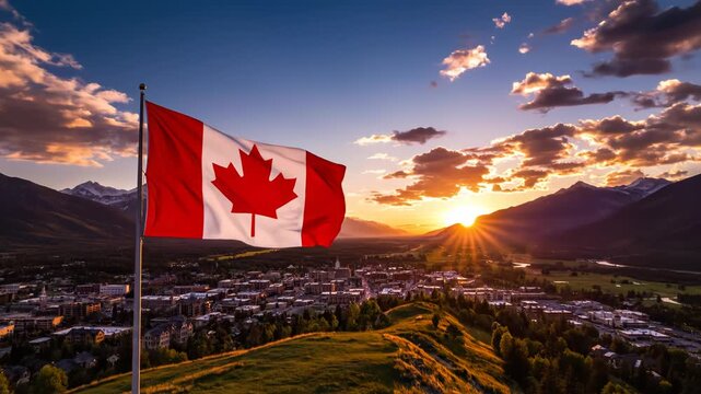Canadian flag waving over mountain town at sunset for environmental projects, nature documentaries, and commercials
