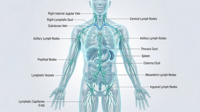 Diagram shows human lymphatic system with named parts and locations throughout the body for education and understanding of lymphatic functions