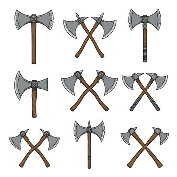 Medieval battle-axe vector illustrations featuring double-headed axes, crossed axe pairs, and single-blade hatchets with wooden handles and notched steel blades on white background