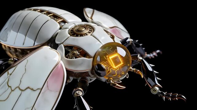3D Mechanical Scarab Beetle - White Porcelain & Imperial Jade - Futuristic Micro-Tech AI Logic Asset - Isolated on Black Void
