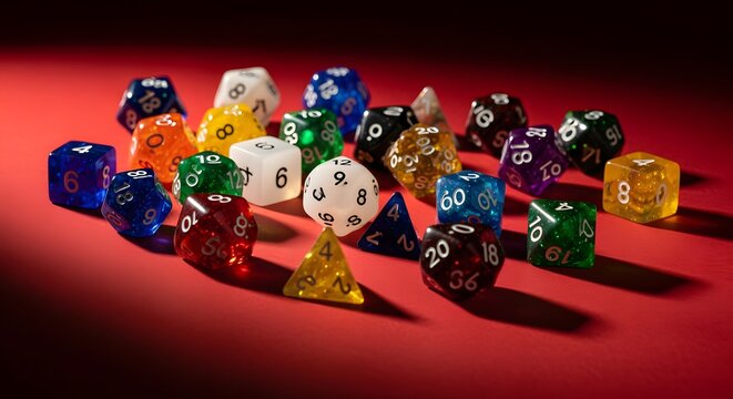 A vibrant collection of polyhedral dice, perfect for tabletop role-playing games, arranged on a red surface.