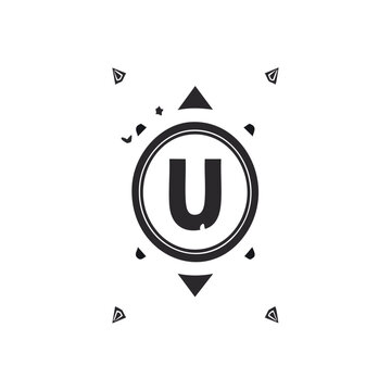 A black and white circular emblem with the letter U in the center, surrounded by geometric shapes.
