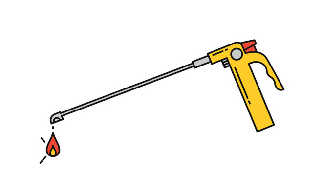 Long-reach kitchen gas lighter tool with a triggered handle and a small orange flame for igniting stoves and candles.