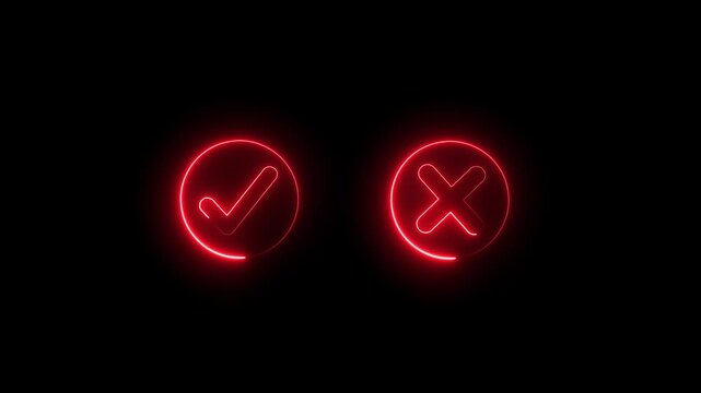 "Minimal neon Check Mark and Cross Icon in Circle on Black Background &ndash; Yes or No Symbol Set for UI UX Design, Decision Making, Voting, and App Interface Elements"