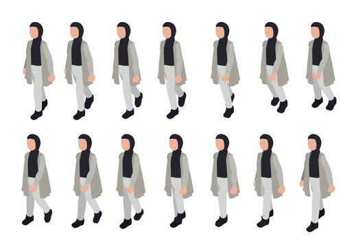 Modern Muslim Woman Walking Isometric Animation Frame Sequence