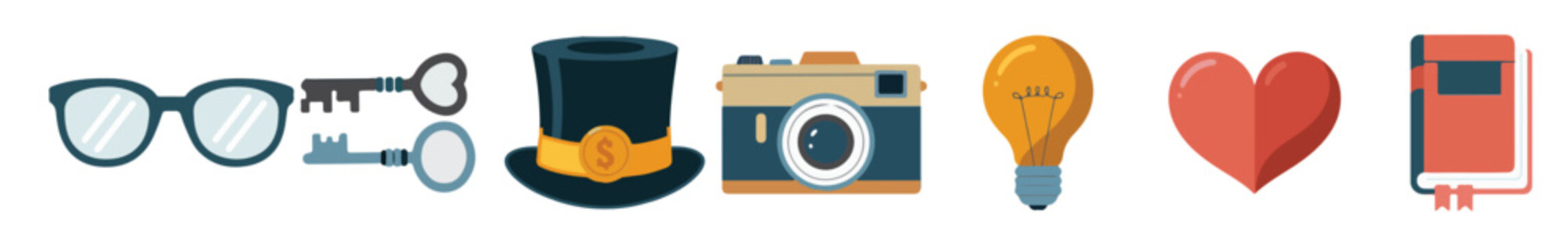 Icons Set, Nature, Hobbies, and Lifestyle Elements. New Year 2026 photo booth props set with hats, glasses, crowns, speech bubbles, champagne, and party elements, vector illustration.