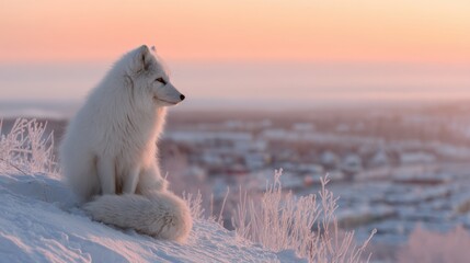 Fototapeta premium Arctic fox sitting on snowy hill during sunset. Polar animal in winter landscape with soft orange sky. Wildlife photography of predator in freezing environment at golden hour light.