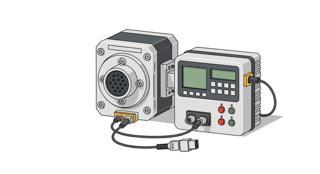 High performance industrial servo motor with an external digital controller and connecting cables for precise motion control.