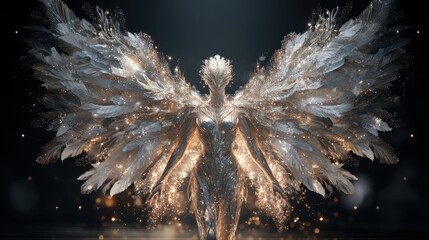 Fototapeta premium Angel woman with glowing metallic wings spreading light in dark space. Fantasy celestial being with intricate silver armor. Ethereal goddess symbol of hope, peace and divine power.