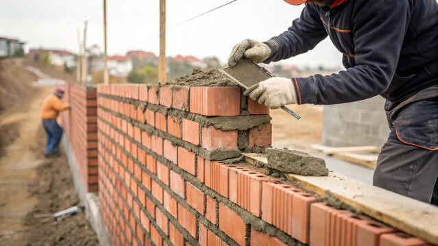 Bricklayer works with mortar to lay bricks on a construction site during the day