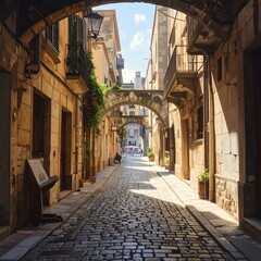 Fototapeta premium A serene, sunlit cobblestone street with ancient architecture