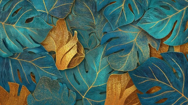 Tropical monstera leaves background with gold veins. Decorative floral wall art for interior design. Luxury botanical pattern with blue and metallic gold foliage. Sophisticated nature texture.
