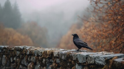 Obraz premium Black raven sitting on a mossy stone wall in a misty forest. Wildlife scenery with a dark bird in nature. Concept of mystery, autumn atmosphere and woodland wilderness landscape.