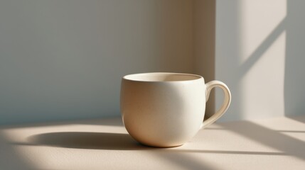 Fototapeta premium Ceramic mug on table in sunlight. Morning coffee or tea cup with soft shadows on wall. Minimalist interior decor with natural light. Concept of calm lifestyle and breakfast drink.