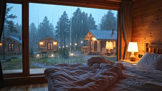 Cozy bedroom view rainy cabins for environmental projects, nature documentaries, and commercials