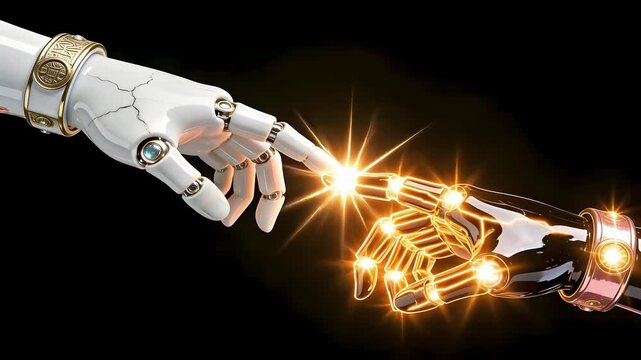 3D Mechanical Hands Connection - White Porcelain & Obsidian - Imperial Jade Joint Nodes - Futuristic AI & Human Collaboration Video - Isolated on Black Void