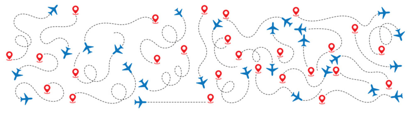 Airplane routes set. Plane route line. Planes dotted flight pathway. Aircraft tracking, planes, travel, map pins, location pins. Airplane flying dotted line to destination. Wonderful variety Design.