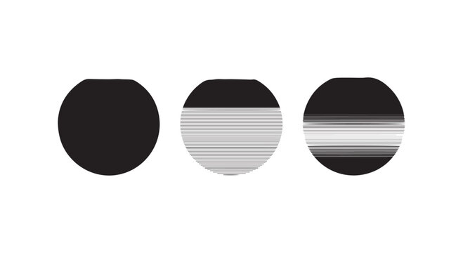 Set of three black circular shapes with varying horizontal line patterns representing eclipse phases or minimalist sun icons.