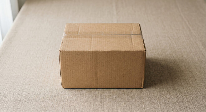 Cardboard packaging box mockup with sealed cardboard box on neutral fabric background