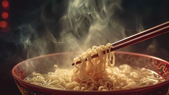 Hot Steaming Ramen Noodles Lifted with Chopsticks in Ornate Bowl