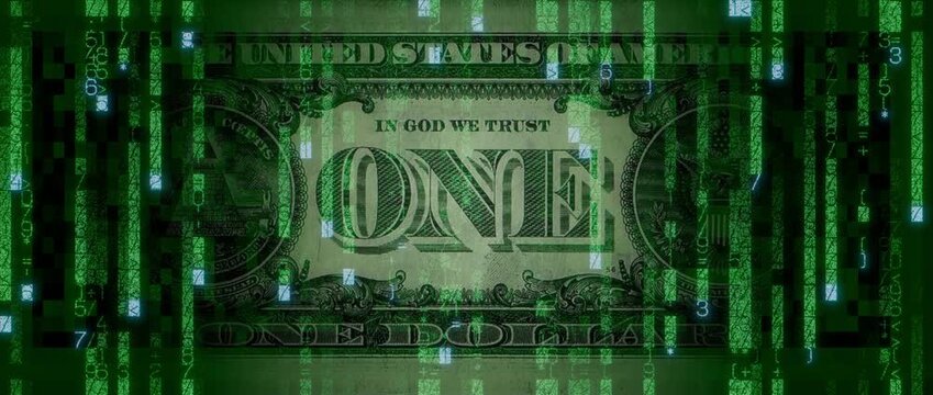 Electronic Currency Concept with One Dollar Bill made from Animated Numbers and Symbols. Futuristic Banking Background.