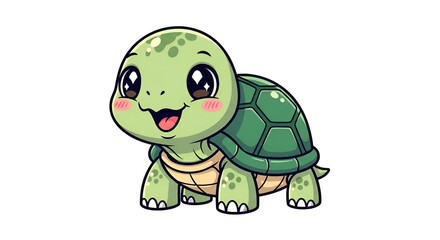 Obraz premium Cute green turtle cartoon with big eyes and cheerful expression, smooth details, standing on a clean white background, perfect for kids design and mascot.