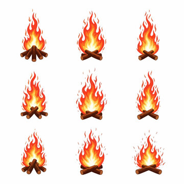 Set of nine distinct stylized campfire vector graphics featuring burning logs with rising orange, red, and yellow flames, isolated on a white background for creative design projects.