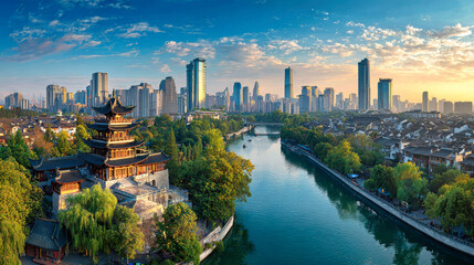 Obraz premium A busy city scene shows tall buildings next to a river. A traditional structure stands on the riverbank. The sky has colors from the setting sun