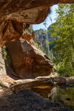 Rocky canopy over stream running through wooded landscape vertical