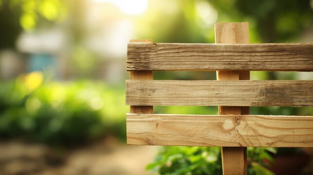 Close-up of an unpainted wooden signboard with natural grain texture in a soft green garden setting with sunlight.