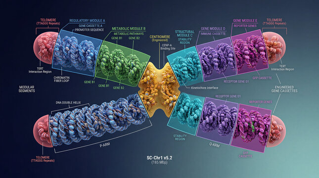 Visual representation of DNA structure and genetic elements found in SC-Chr1 version 5.2 illustrating modular segments and functionalities