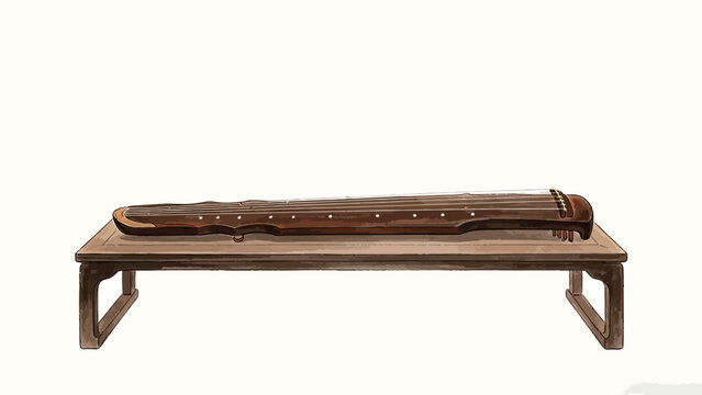 Watercolor Illustration of a Traditional Chinese Guqin Placed on a Minimalist Low Wooden Table, Against a Plain Off-White Background, Showcasing Classical Oriental Culture
