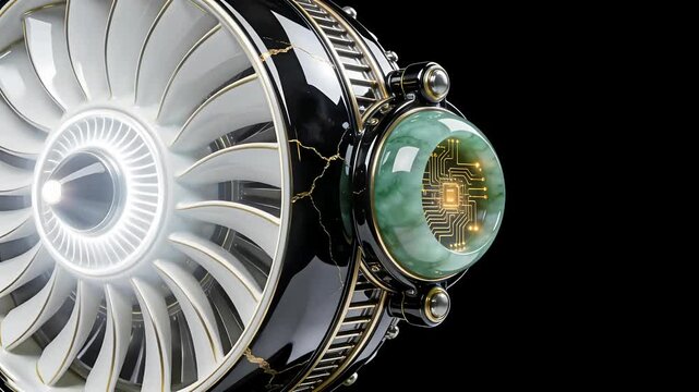 3D Mechanical Turbine Engine Core - White Porcelain & Imperial Jade - Futuristic AI Power & Propulsion Video - Isolated on Black Void