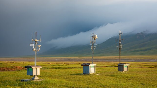 Automated Weather Station Instruments in a Vast Grassy Field Under a Moody Sky