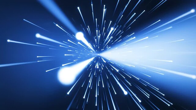 Blue light beams radiating from central point for commercial backgrounds, digital design, and advertising