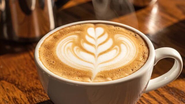 Coffee cup with latte art on wooden table for commercial backgrounds, digital design, and advertising