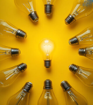Glowing light bulb surrounded by unlit bulbs on yellow background, glowing bulb innovation concept