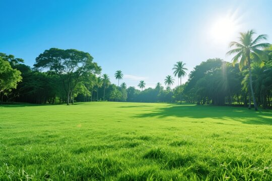 Sunlit green field with palm trees and lush vegetation under a clear blue sky