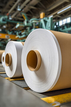 Large rolls of white paper are being processed at a cardboard manufacturing plant, highlighting the machinery used in the production process